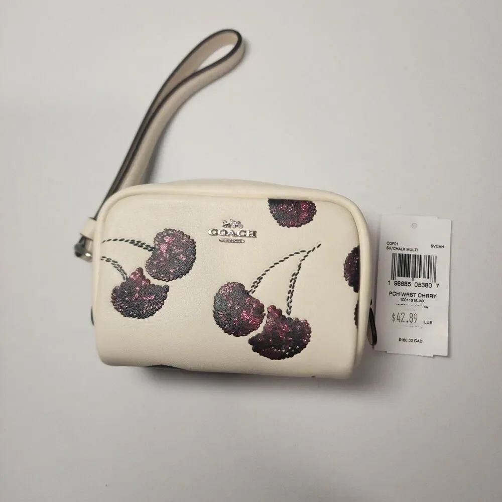 NWT Coach CDF01 Pouch Wristlet With Cherry Print Chalk
